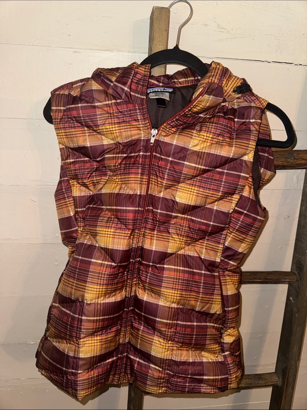 Patagonia Plaid Puffer Vest in Burgundy and Mustard Womens Small
